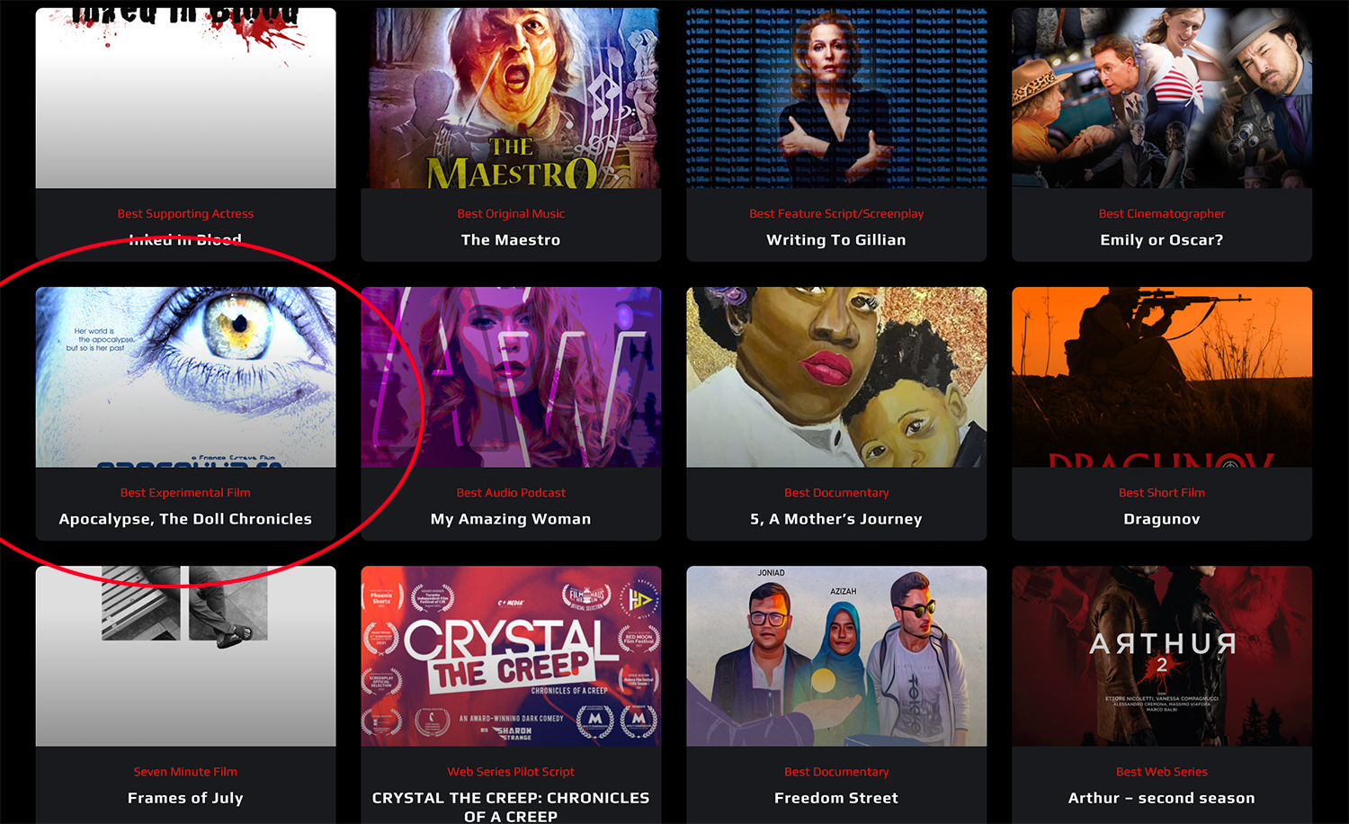 Screenshot of the EdiPlay International Film Festival screening page showing the winner of Best Experimental Film: Apocalypse, The Doll Chronicles